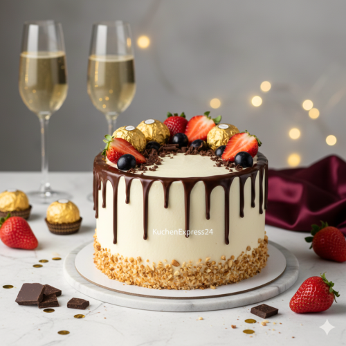 Schoko-Kinder-Bueno-Himbeer-Torte mit Schokoladen-Drip, frischen Erdbeeren, Beeren und Pralinen-Dekor von KuchenExpress24 Leipzig
