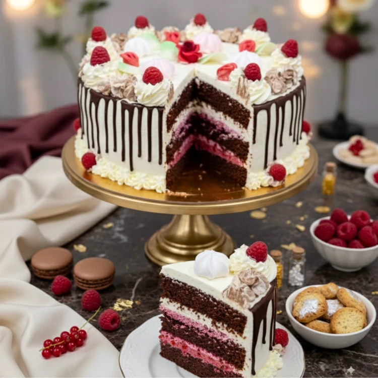 Schoko-Himbeer-Johannisbeer-Torte mit Schokoladen-Drip, heller Creme und fruchtiger Beerenfüllung von KuchenExpress24 Leipzig
