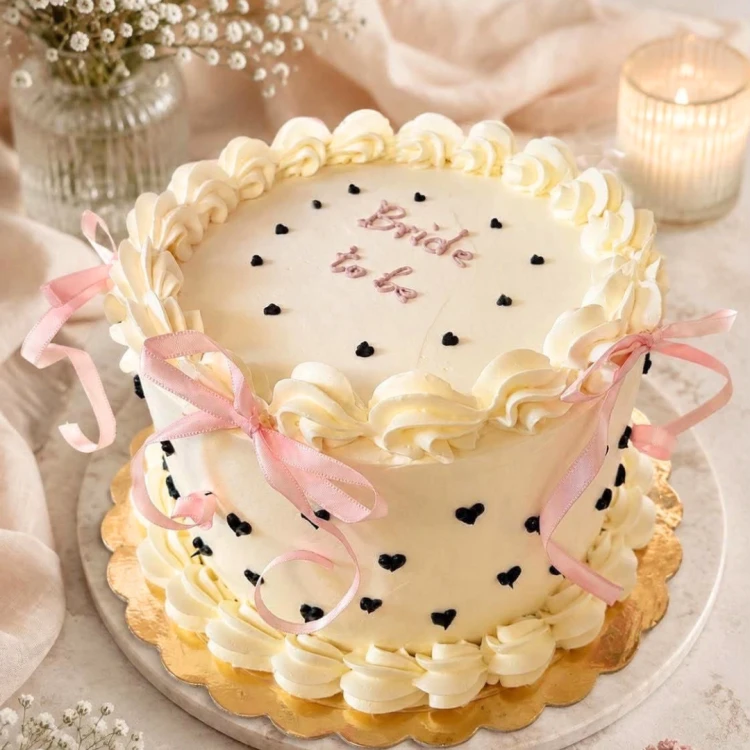 Personalisierte Bride-to-be-Torte mit Schleifen, Herzdetails und heller Creme in Leipzig
