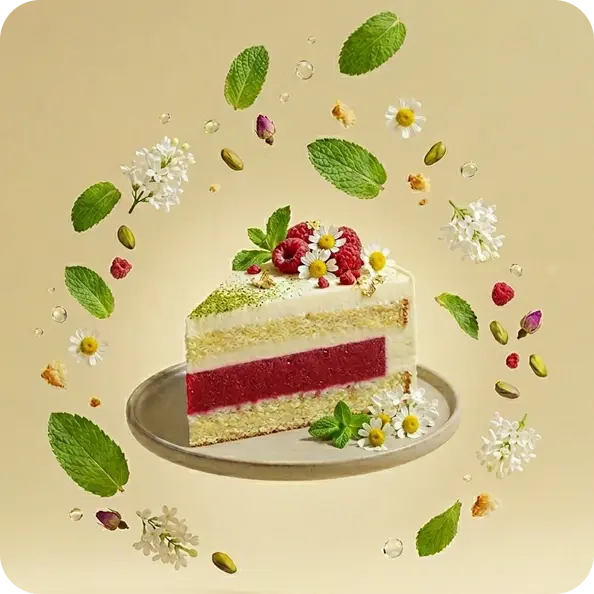 Kuchenstück mit roter Fruchtschicht, Creme und Pistazien
